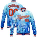 Custom Name & Number Bomber Jacket - 3D Pattern Royal Orange-White Winter Landscape with Snowy Trees, Varsity Letterman Design