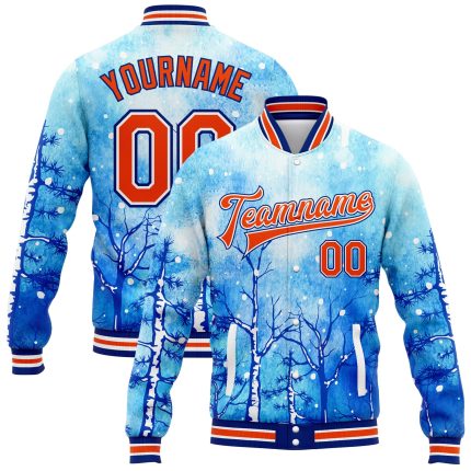Custom Name & Number Bomber Jacket - 3D Pattern Royal Orange-White Winter Landscape with Snowy Trees, Varsity Letterman Design