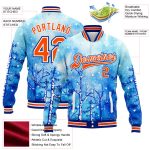 Custom Name & Number Bomber Jacket - 3D Pattern Royal Orange-White Winter Landscape with Snowy Trees, Varsity Letterman Design