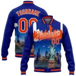 Personalized 3D Statue of Liberty Orange White Varsity Jacket Custom Name Number - Full Snap Bomber Letterman Edition Personalized