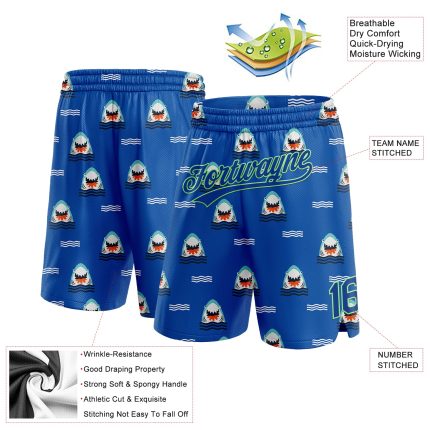 Custom Name and Number Personalized 3D Pattern Sharks Basketball Shorts in Royal Pea Green - Authentic Team Apparel Personalized