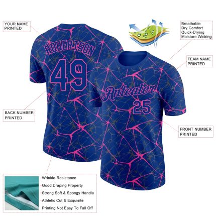 Custom Name & Number Performance T-Shirt - Personalized Royal Pink 3D Abstract Network Design Personalized Royal Pink 3D
