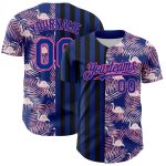 Custom Name and Number Baseball Jersey with Tropical Palm Leaves and Flamingo in Royal Pink-Black 3D Pattern Personalized