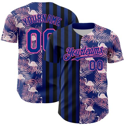 Custom Name and Number Baseball Jersey with Tropical Palm Leaves and Flamingo in Royal Pink-Black 3D Pattern Personalized