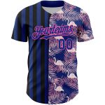 Custom Name and Number Baseball Jersey with Tropical Palm Leaves and Flamingo in Royal Pink-Black 3D Pattern Personalized