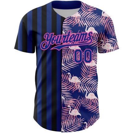Custom Name and Number Baseball Jersey with Tropical Palm Leaves and Flamingo in Royal Pink-Black 3D Pattern Personalized