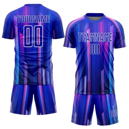 Custom Name and Number Soccer Uniform Jersey in Royal Pink-White Abstract Lines Design - Personalized Team Apparel Personalized