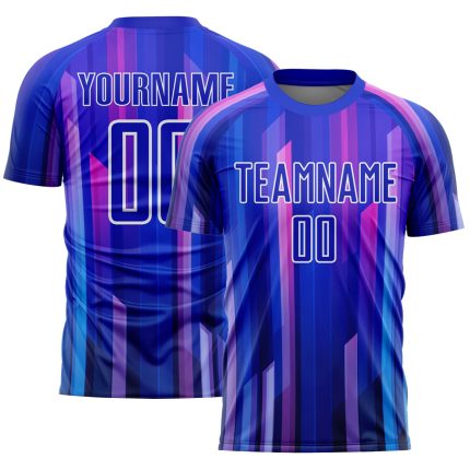 Custom Name and Number Soccer Uniform Jersey in Royal Pink-White Abstract Lines Design - Personalized Team Apparel Personalized