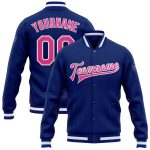Custom Name and Number Royal Pink White Bomber Varsity Letterman Jacket - Personalized Full-Snap Team Jacket Personalized