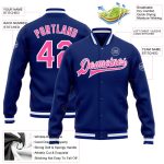 Custom Name and Number Royal Pink White Bomber Varsity Letterman Jacket - Personalized Full-Snap Team Jacket Personalized