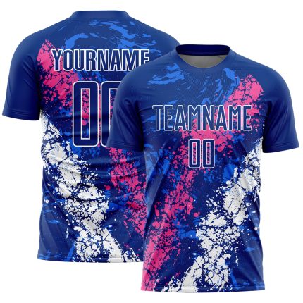 Custom Sublimation Soccer Jersey with Personalized Name & Number - Royal Pink-White Dripping Splatter Art Personalized Royal