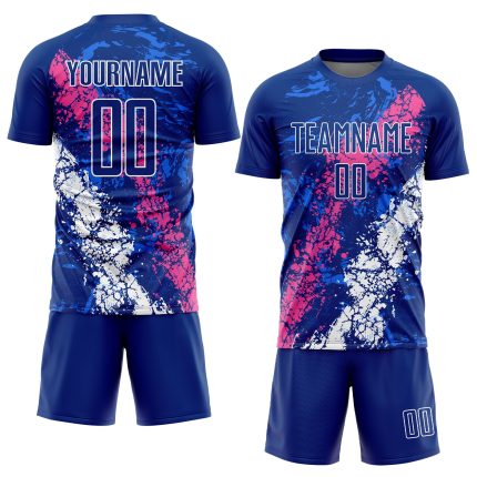 Custom Sublimation Soccer Jersey with Personalized Name & Number - Royal Pink-White Dripping Splatter Art Personalized Royal