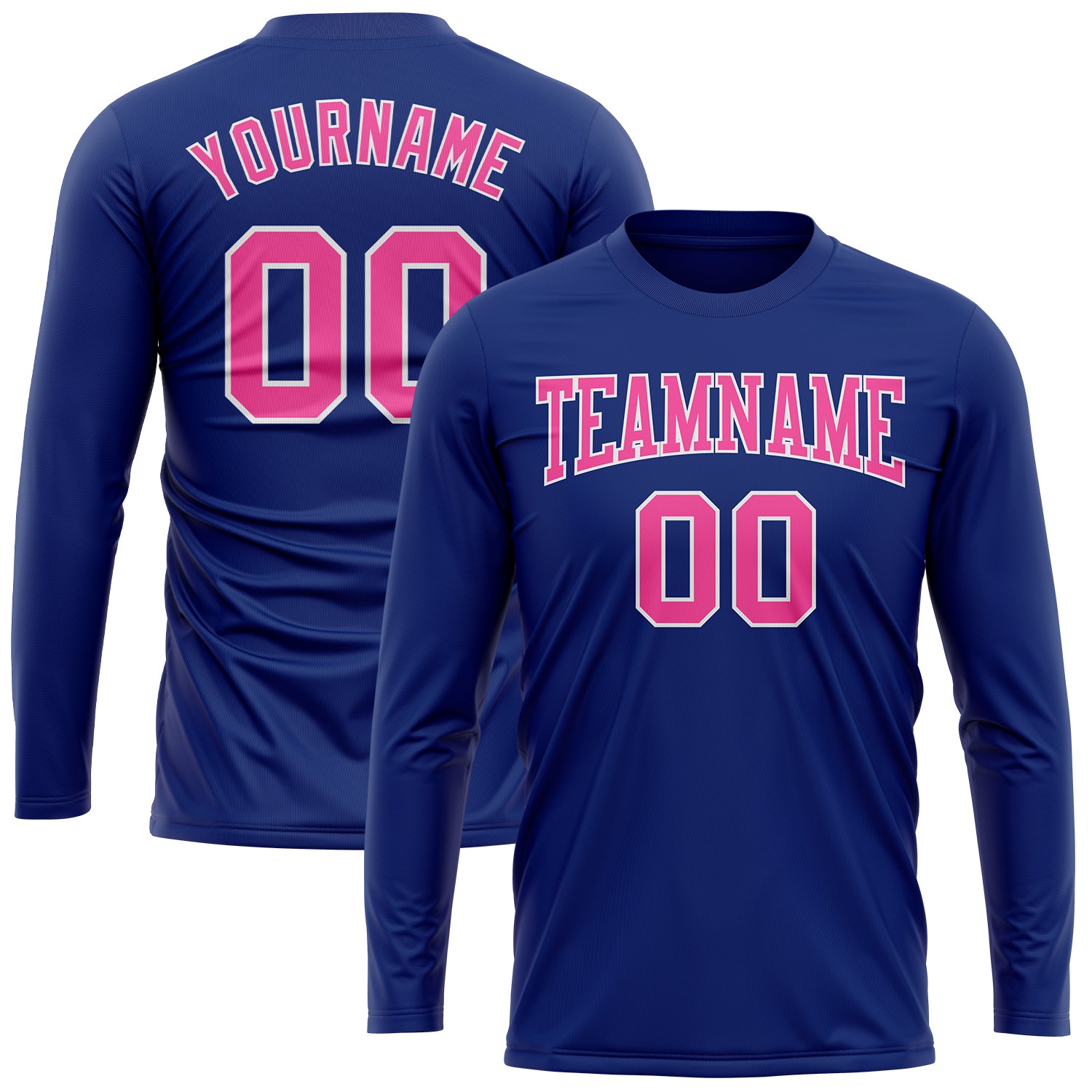 Custom Team Name Number Long Sleeve Performance T-Shirt - Personalized Royal Pink-White Design Personalized Royal Pink-White