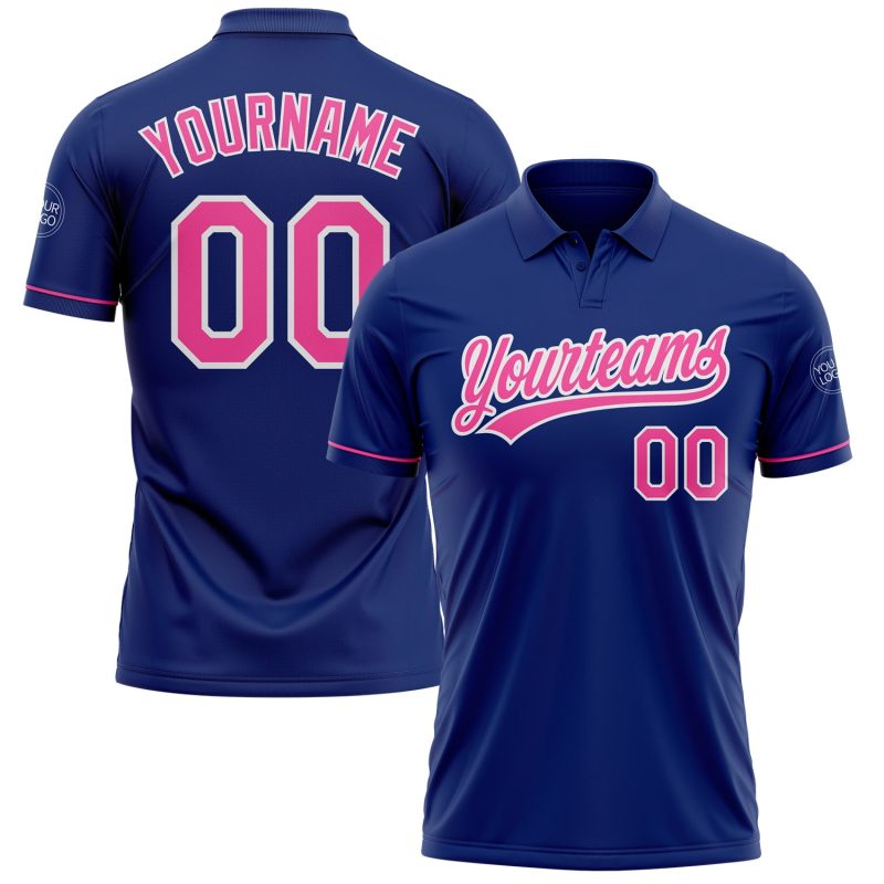 Custom Name Number Performance Vapor Golf Polo Shirt - Personalized Royal Pink White Design Personalized Royal Pink-White