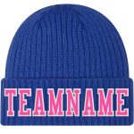 Custom Team Name and Number Cuffed Knit Hat - Personalized Royal Pink-White Stitched Beanie Personalized Royal Pink-White