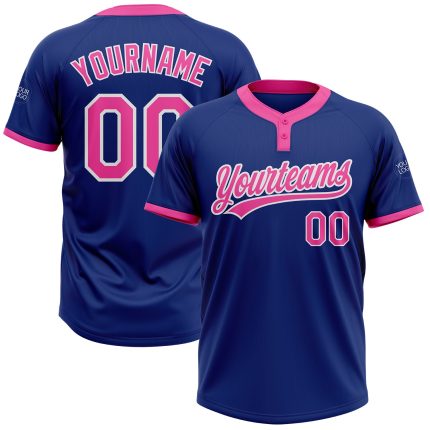 Custom Name and Number Unisex Softball Jersey - Personalized Royal Pink-White Two-Button Design Personalized Royal Pink-White