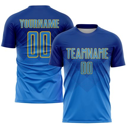 Custom Soccer Uniform Jersey with Personalized Name and Number - Royal Powder Blue and Gold Sublimation Design Personalized
