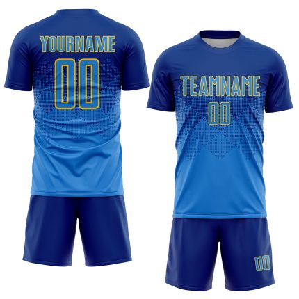 Custom Soccer Uniform Jersey with Personalized Name and Number - Royal Powder Blue and Gold Sublimation Design Personalized