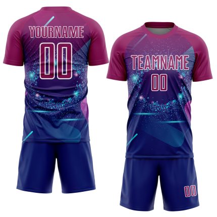 Custom royal, purple and white soccer jersey, back view