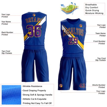 Custom Basketball Jersey with Purple-Yellow Diagonal Lines - Personalized Name and Number, Round Neck Sublimation Design