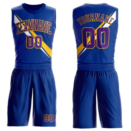 Custom Basketball Jersey with Purple-Yellow Diagonal Lines - Personalized Name and Number, Round Neck Sublimation Design