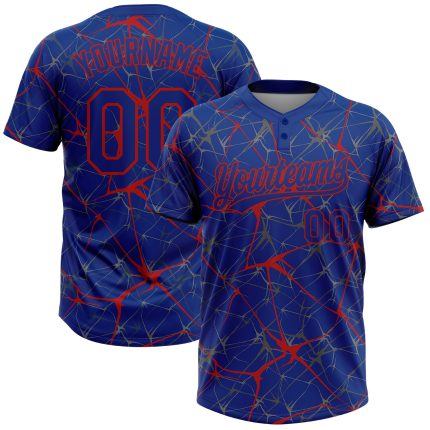 Custom Name and Number Unisex Softball Jersey - Personalized Royal Red 3D Abstract Network Two-Button Design Personalized
