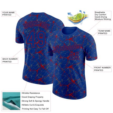 Custom Name and Number Performance T-Shirt - Personalized Royal Red 3D Abstract Network Design Personalized Royal Red 3D