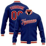 Custom Name & Number Varsity Letterman Jacket - Personalized Royal Red-Cream Bomber Full-Snap Design Personalized Royal Red-Cream