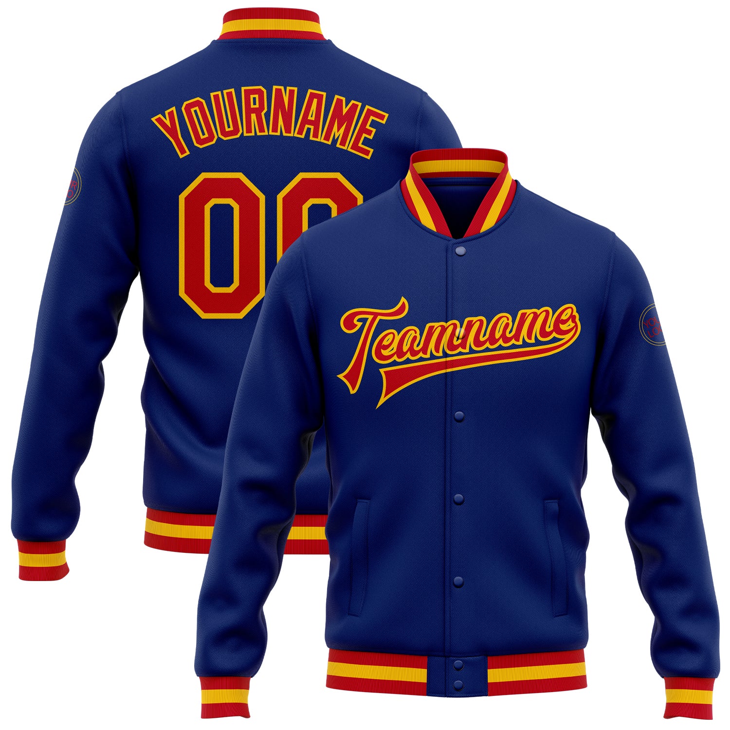 Custom Personalized Varsity Bomber Jacket with Name and Number - Royal Red-Gold Full-Snap Letterman Jacket Personalized Royal
