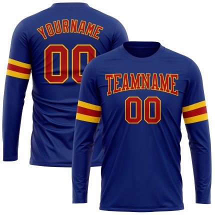 Custom Team Performance T-Shirt with Personalized Name and Number - Royal Red-Gold Long Sleeve Shirt Personalized Royal Red-Gold