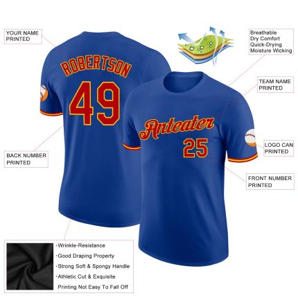 Custom Team Performance T-Shirt with Personalized Name and Number in Royal Red-Gold Color Personalized Royal Red-Gold Performance