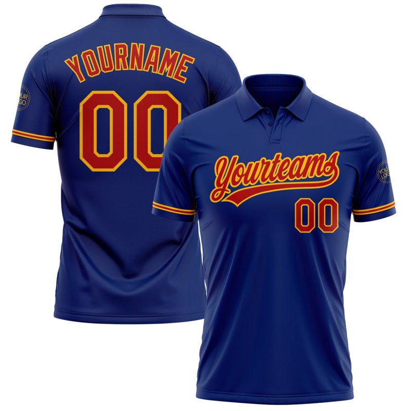Custom Team Name Number Golf Polo Shirt - Personalized Royal Red-Gold Performance Vapor Personalized Royal Red-Gold Performance