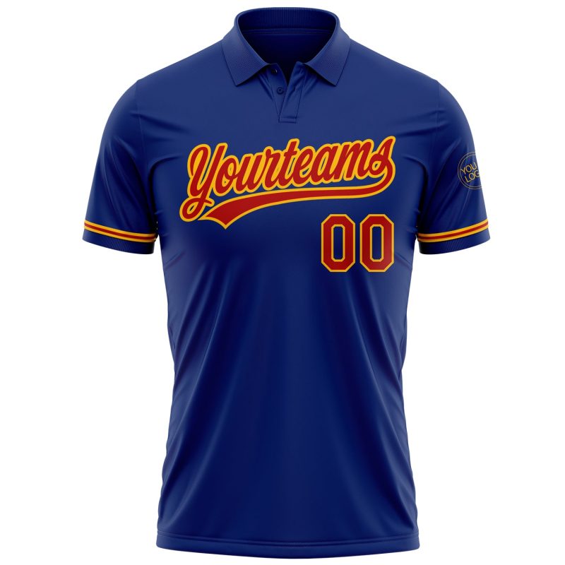 Custom Team Name Number Golf Polo Shirt - Personalized Royal Red-Gold Performance Vapor Personalized Royal Red-Gold Performance