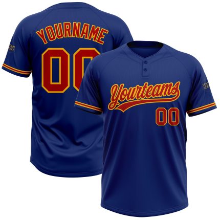 Custom Name and Number Unisex Softball Jersey - Personalized Royal Red-Gold Two-Button Design Personalized Royal Red-Gold