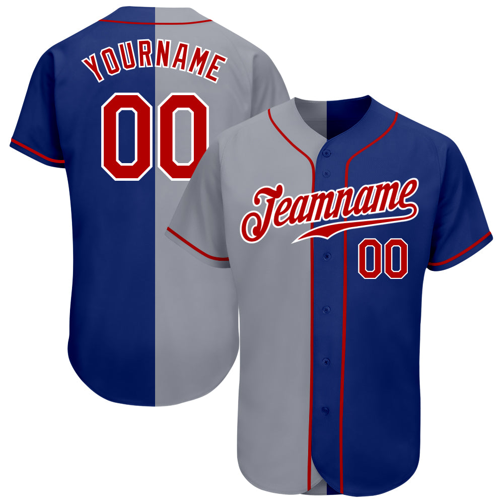 Custom Name and Number Authentic Split Baseball Jersey in Royal Red-Gray - Personalized Fashion Team Gear Personalized Royal