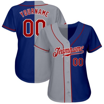 Custom Name and Number Authentic Split Baseball Jersey in Royal Red-Gray - Personalized Fashion Team Gear Personalized Royal