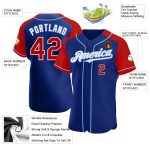 Custom Name and Number Personalized Baseball Jersey - Royal Red and Light Blue Authentic Raglan Sleeves Personalized Royal
