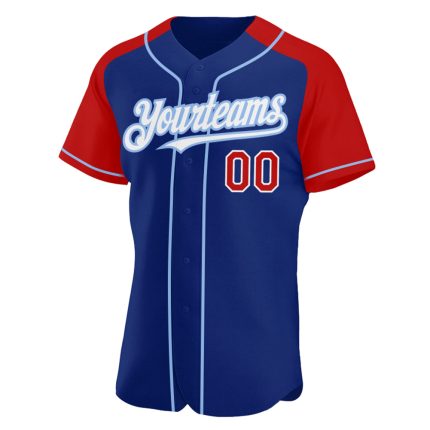 Custom Name and Number Personalized Baseball Jersey - Royal Red and Light Blue Authentic Raglan Sleeves Personalized Royal