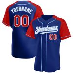 Custom Name and Number Personalized Baseball Jersey - Royal Red and Light Blue Authentic Raglan Sleeves Personalized Royal