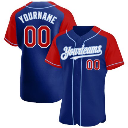 Custom Name and Number Personalized Baseball Jersey - Royal Red and Light Blue Authentic Raglan Sleeves Personalized Royal