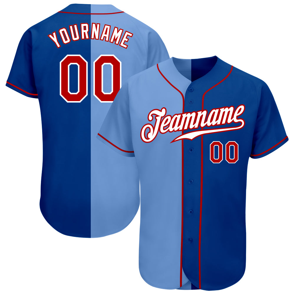 Personalized Authentic Baseball Jersey with Custom Name & Number - Royal Red & Light Blue Split Fashion Design Personalized