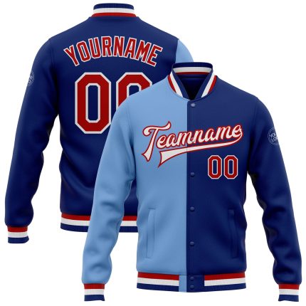 Custom Team Name Number Red Light Blue Bomber Varsity Jacket Personalized Full-Snap Fashion Letterman Personalized Royal