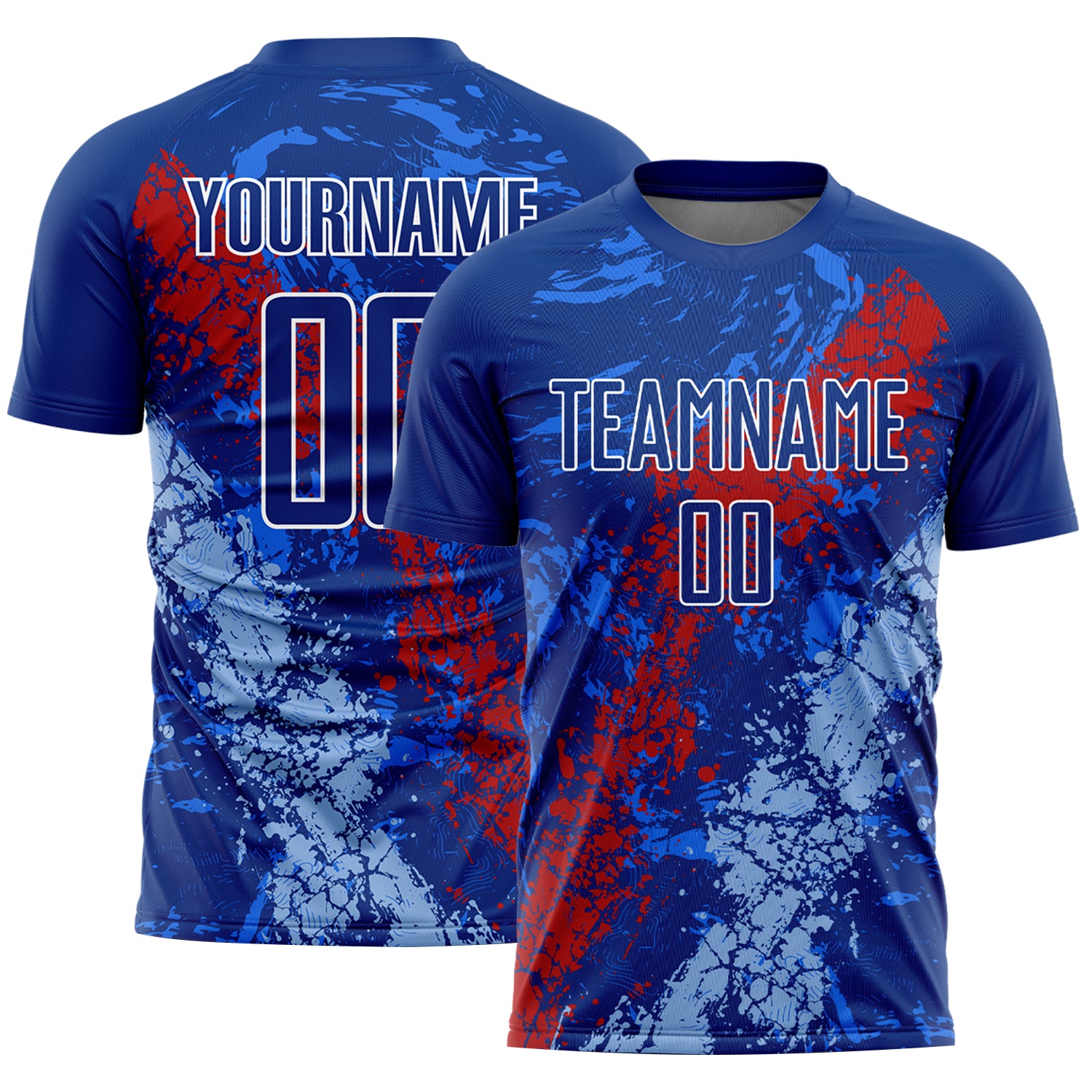 Custom Name Number Soccer Jersey - Personalized Royal Red Light Blue Dripping Splatter Art Sublimation Uniform Personalized