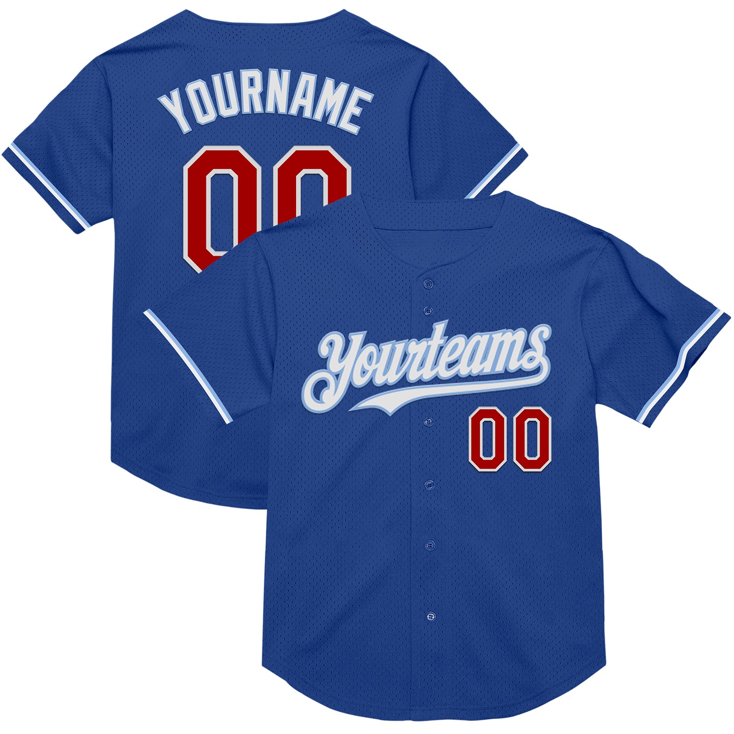 Custom Team Baseball Jersey - Authentic Red-Light Blue Mesh, Personalized Name & Number, Throwback Style Personalized Royal