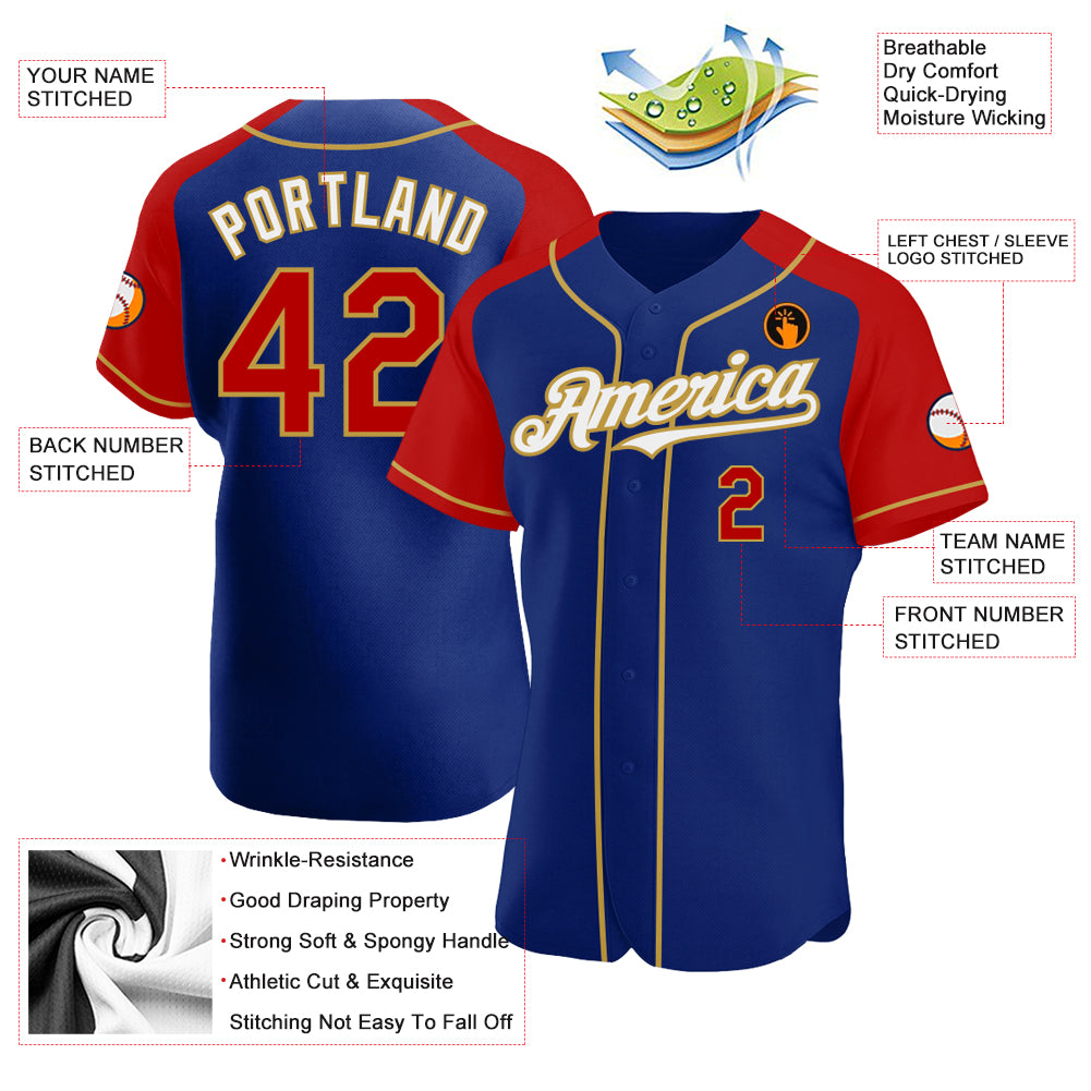 Personalized Royal Red-Old Gold Authentic Raglan Sleeves Baseball Jersey Team Custom Name and Number Custom Name and Number Baseball Jersey, Personalized Royal Red-Old Gold Raglan Sleeves Personalized Royal Red-Old Gold Authentic - Image 3