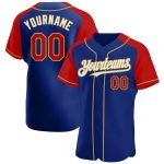 Custom Name and Number Baseball Jersey, Personalized Royal Red-Old Gold Raglan Sleeves Personalized Royal Red-Old Gold Authentic