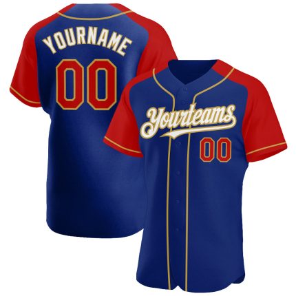 Custom Name and Number Baseball Jersey, Personalized Royal Red-Old Gold Raglan Sleeves Personalized Royal Red-Old Gold Authentic