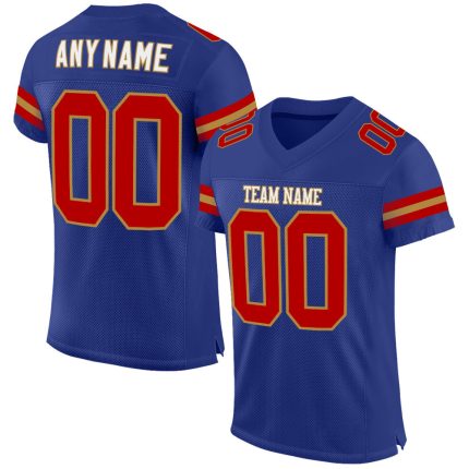 Personalized Football Jersey with Custom Name and Number in Royal Red-Old Gold Mesh Personalized Royal Red-Old Gold Mesh