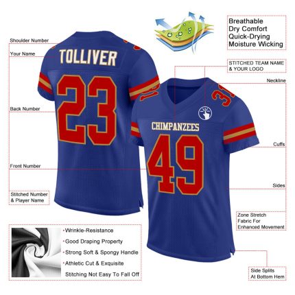 Personalized Football Jersey with Custom Name and Number in Royal Red-Old Gold Mesh Personalized Royal Red-Old Gold Mesh