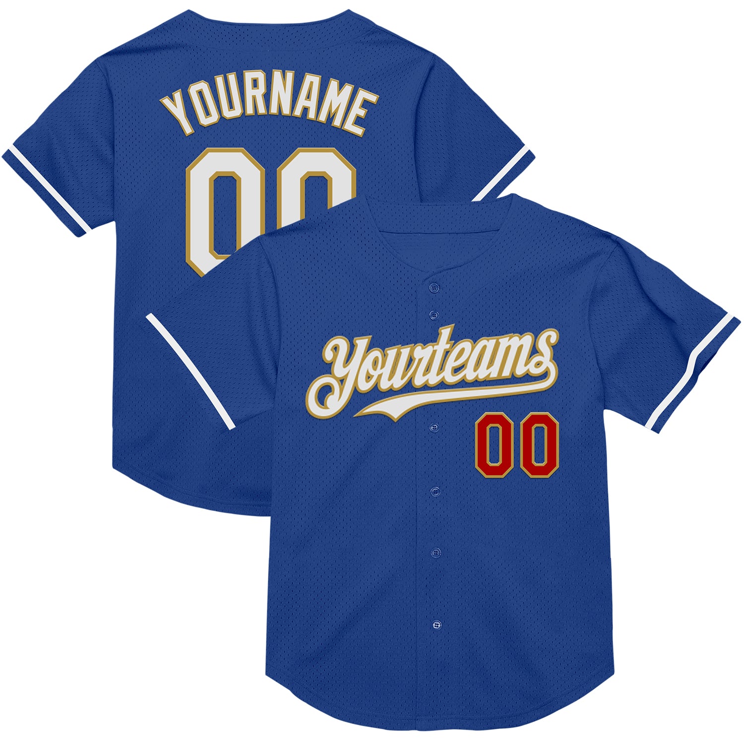 Custom Name and Number Throwback Baseball Jersey in Royal Red and Old Gold Mesh - Authentic Team Apparel Personalized Royal